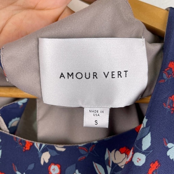 Amour Vert Navy Blue Ditsy Floral Silk Shift Dress 3/4 Sleeves Women's Small - Picture 3 of 7